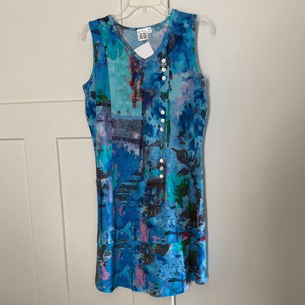 Parsley & Sage Sleeveless Blue Abstract Print Dress with Button Detail